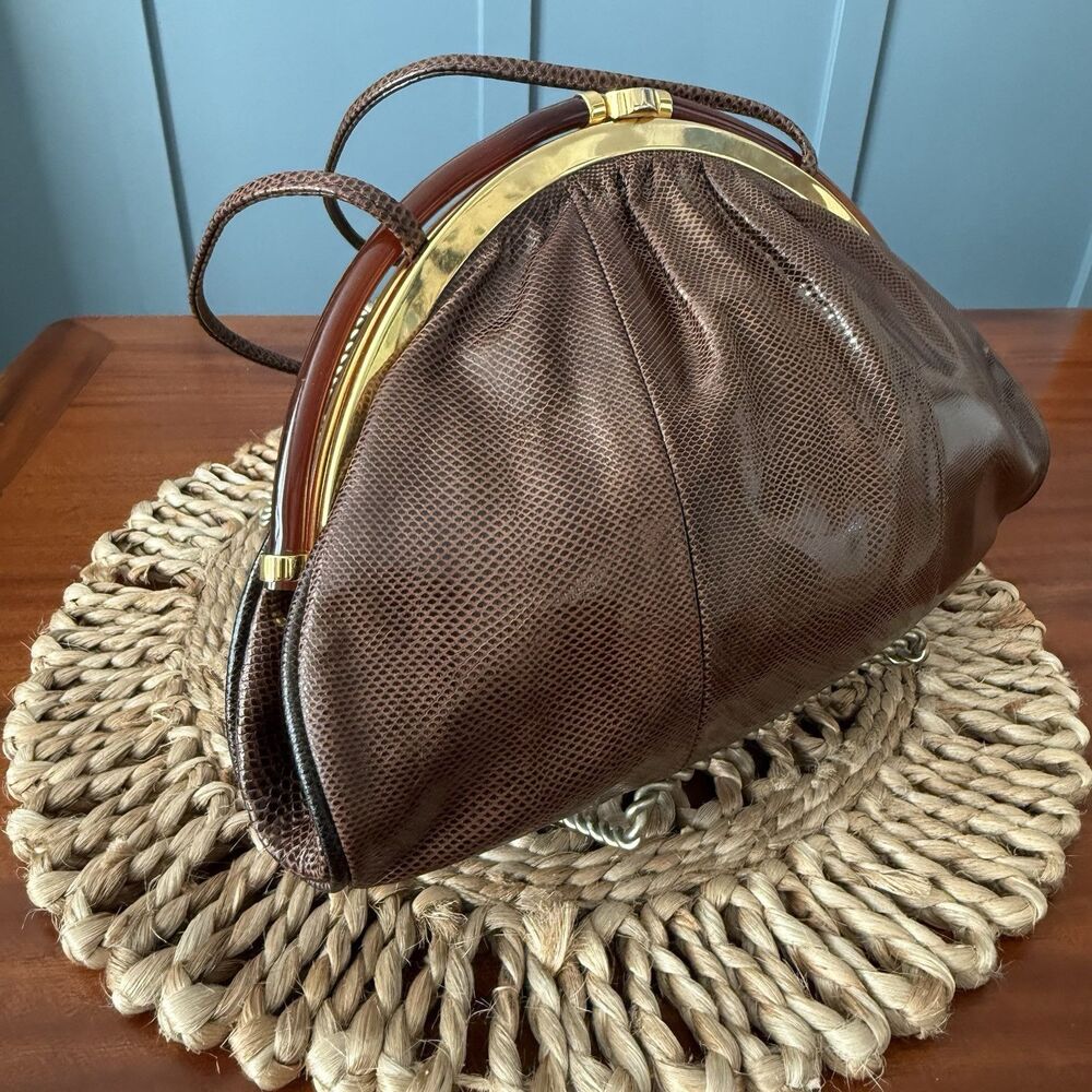 Vintage Fleur de Paris Snake Skin Clutch Shoulder Bag Made In Spain Brown Gold - Picture 2 of 9